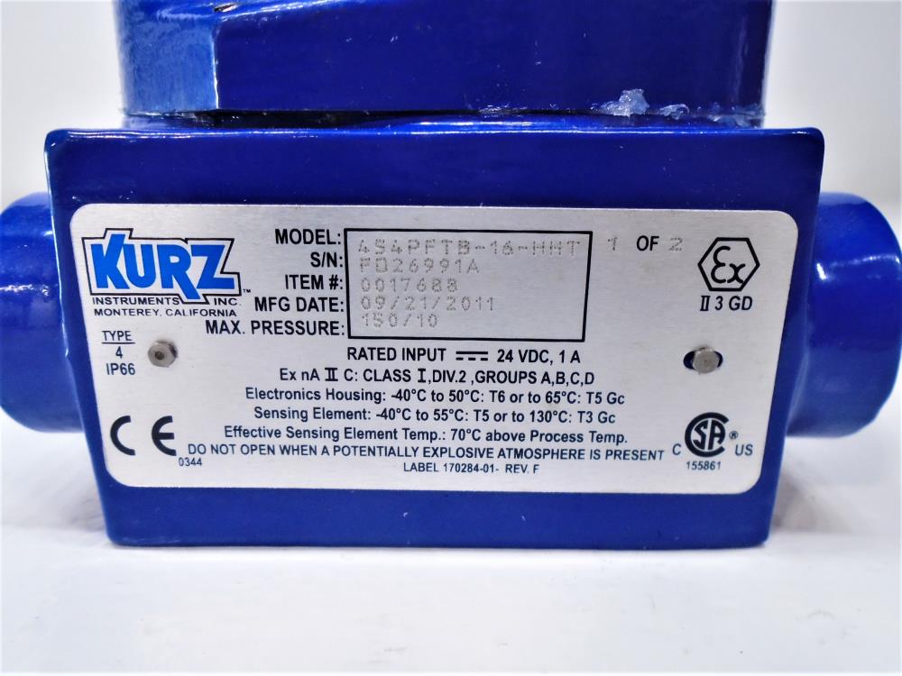 KURZ 1" 150# 316SS Flow Meter 454PFTB-16-HHT with Mass Flow Transmitter